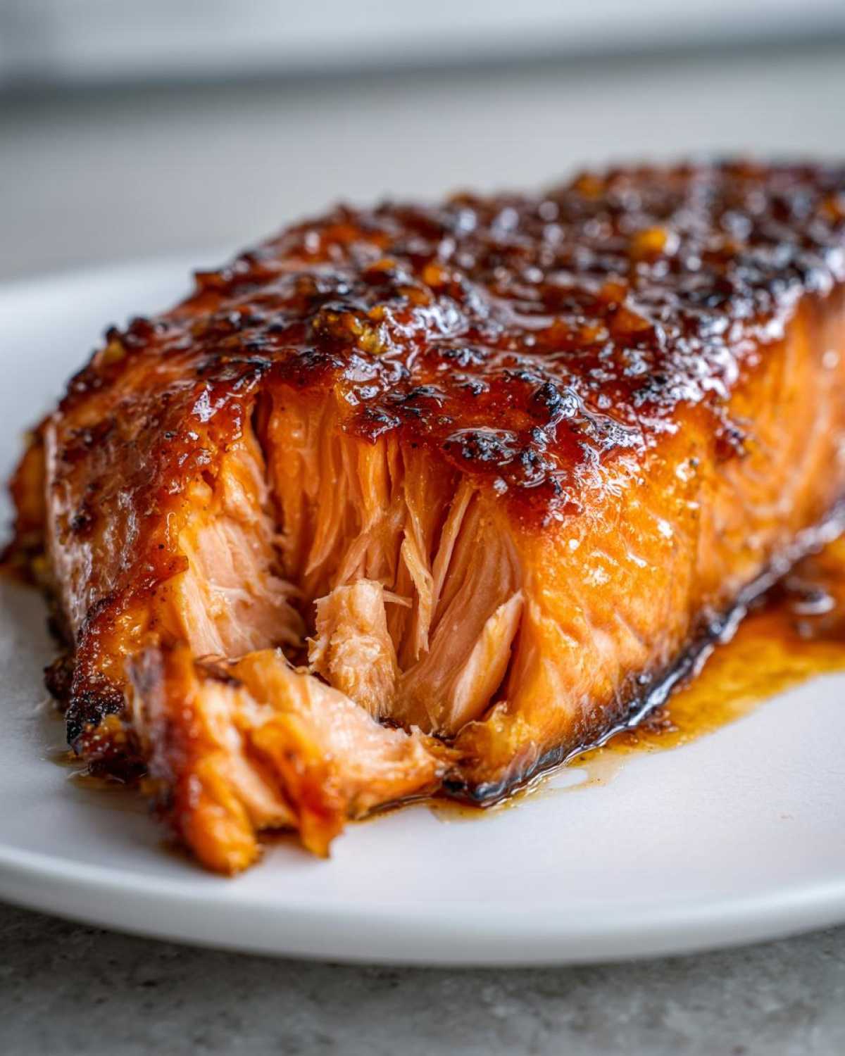 Close-up of a perfectly cooked, flaky piece of honey garlic salmon recipe, glazed and moist.