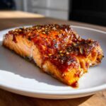 A perfectly cooked fillet of honey garlic salmon recipe, glistening with a thick, dark glaze and sesame seeds.