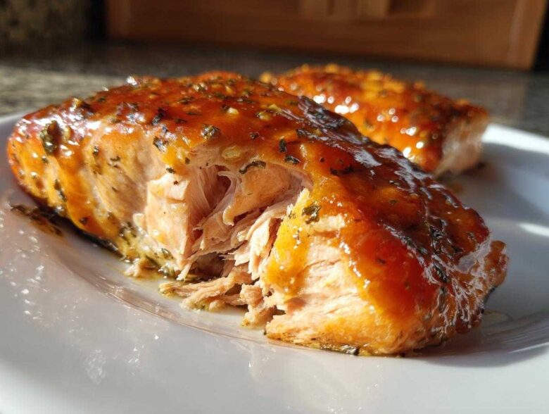 Close-up of a flaky, glazed piece of honey garlic salmon on a white plate.