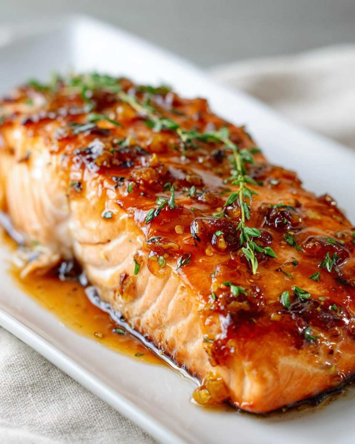 Close-up of a perfectly cooked honey garlic salmon recipe fillet, glazed and garnished with fresh thyme.