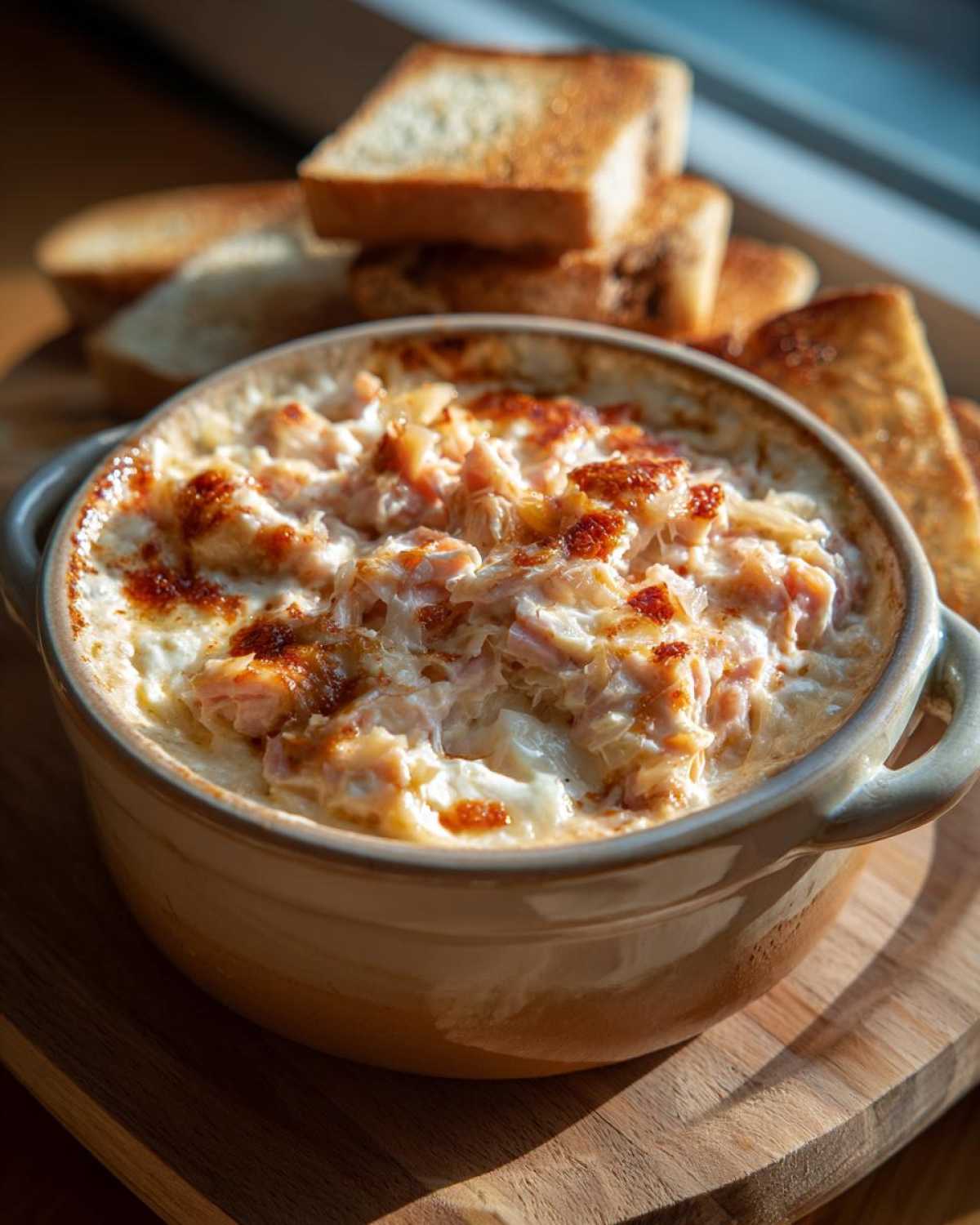 Close-up of a hot, cheesy reuben dip baked in a ceramic crock, served with toasted bread slices.
