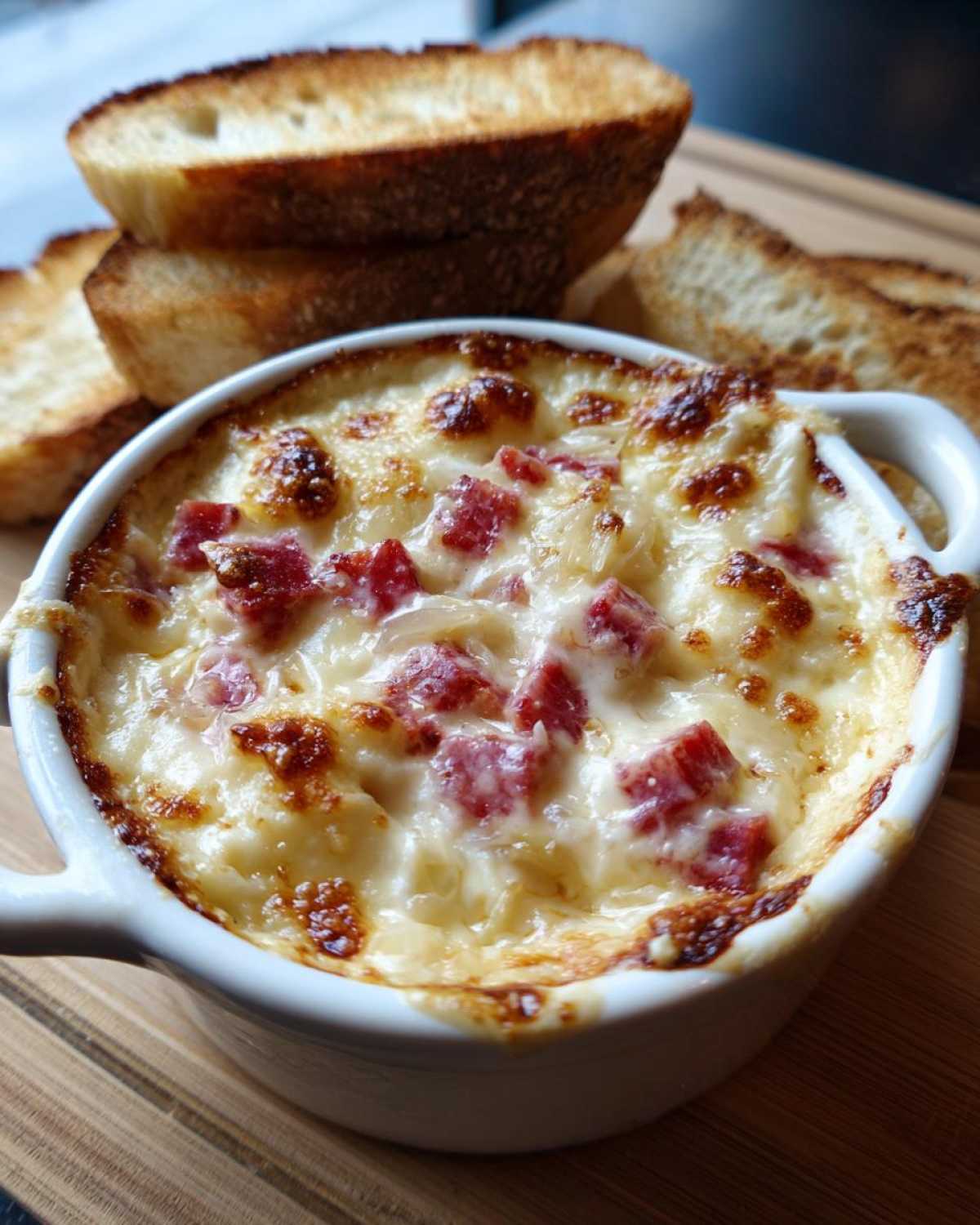 Close-up of a hot, cheesy reuben dip baked in a white ramekin, served with toasted bread slices.