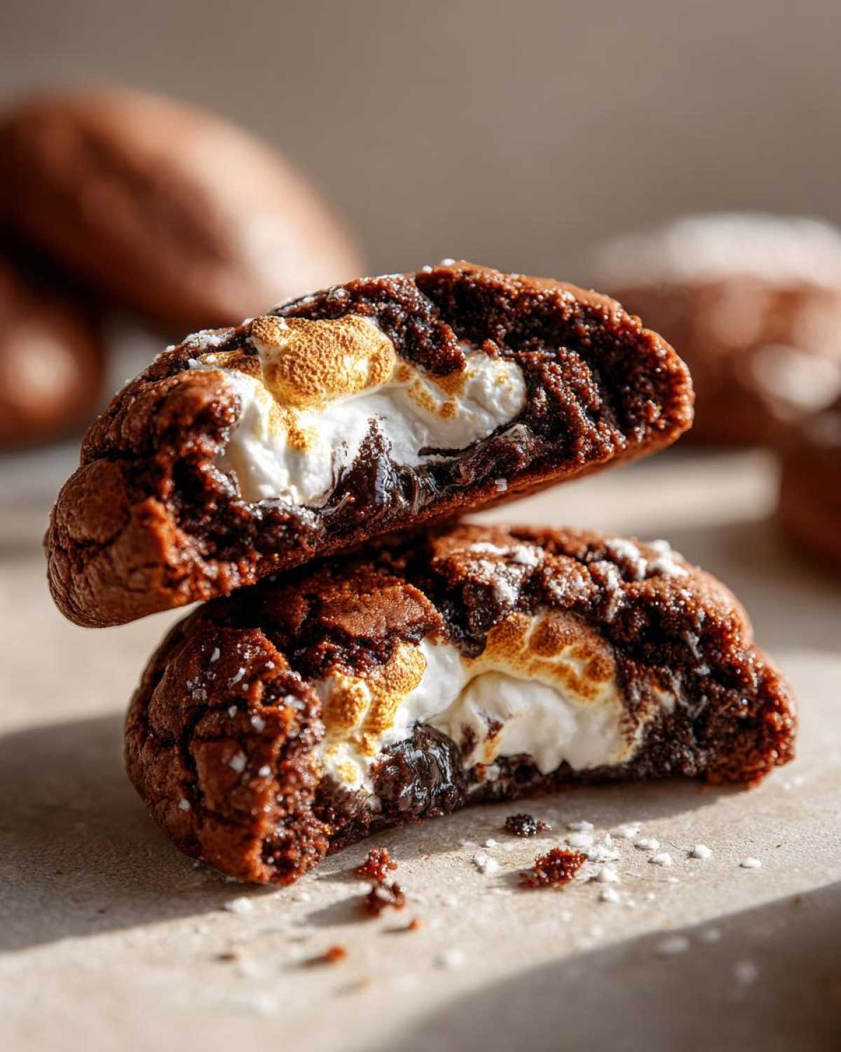 A close-up of two halves of a rich, dark hot chocolate cookies, revealing a gooey, toasted marshmallow center.