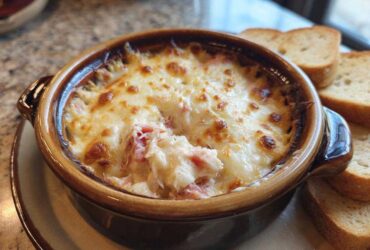 Close-up of a hot, cheesy reuben dip baked in a brown crock, served with toasted bread slices.