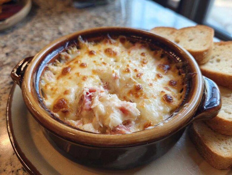 Close-up of a hot, cheesy reuben dip baked in a brown crock, served with toasted bread slices.