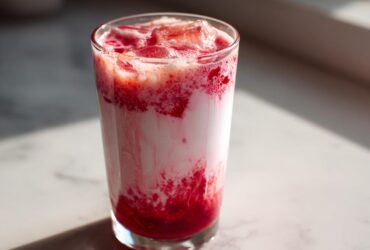 A tall glass filled with layered iced strawberry milk showing vibrant red syrup mixing with white milk and ice cubes.