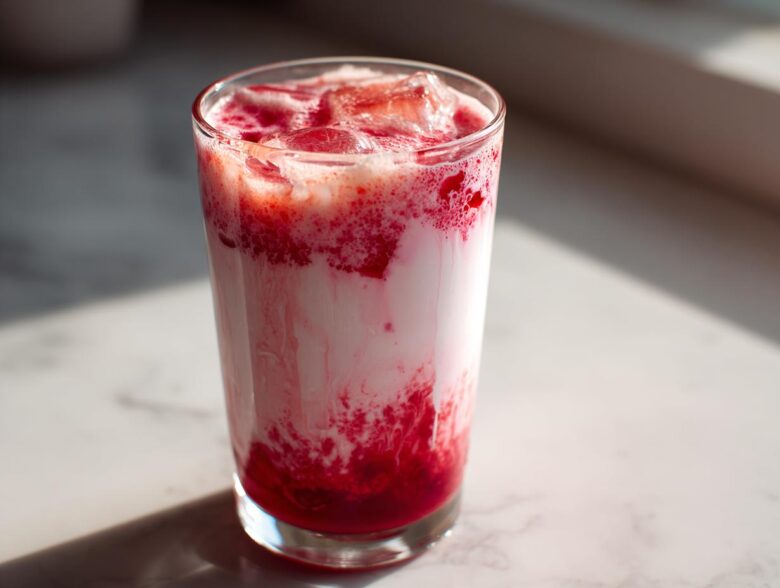 A tall glass filled with layered iced strawberry milk showing vibrant red syrup mixing with white milk and ice cubes.