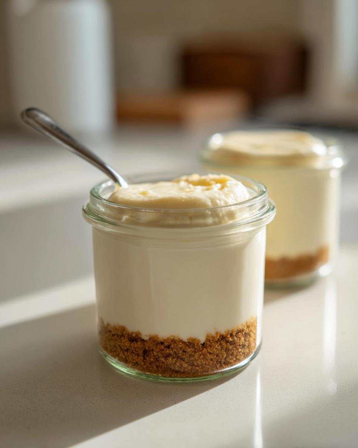 Close-up of an individual Protein Cheesecake jar with a graham cracker crust and creamy filling, ready to eat.