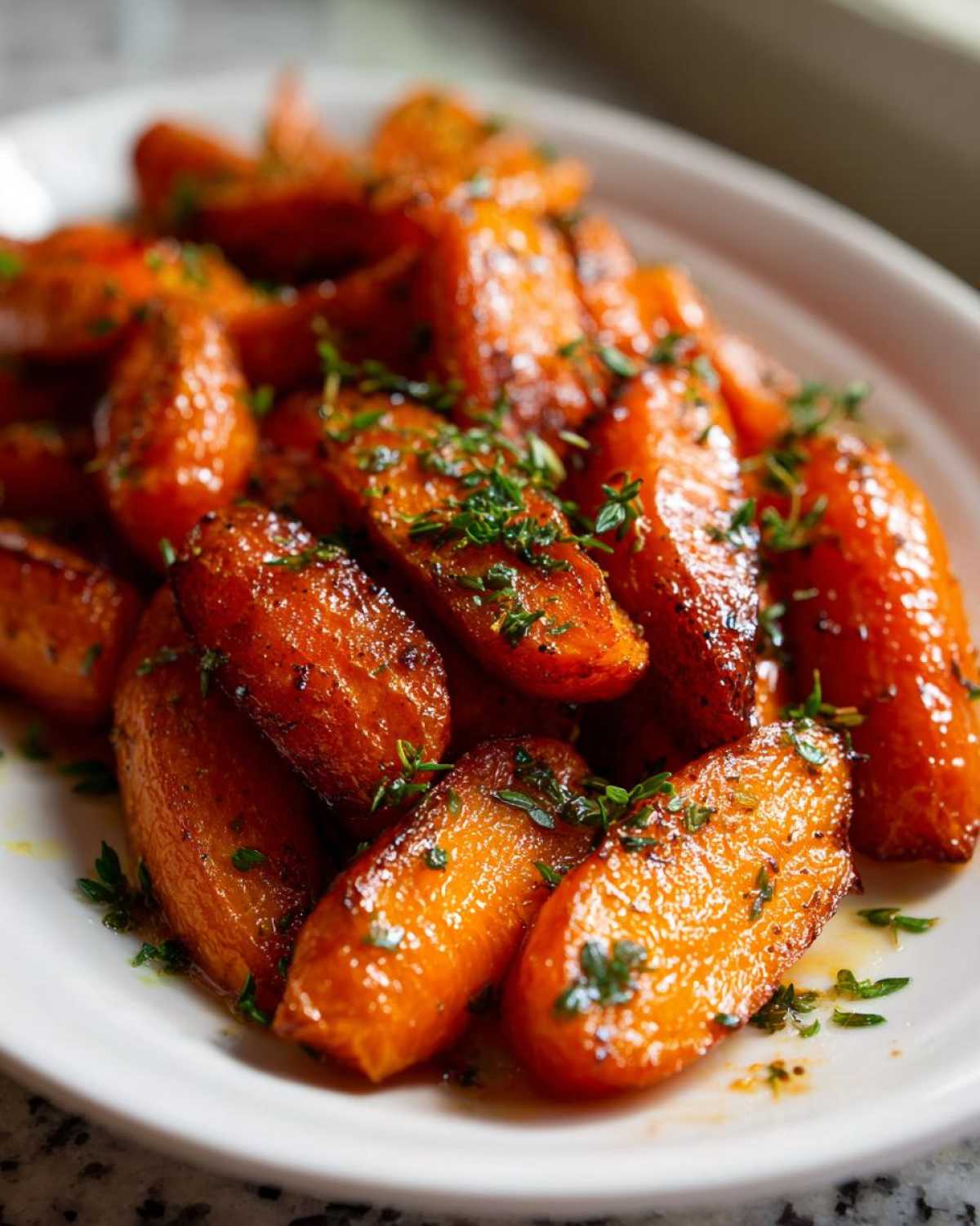 Close-up of perfectly glazed roasted carrots sprinkled with fresh chopped thyme.