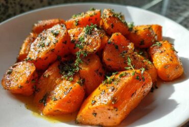 Close-up of perfectly glazed roasted carrots, seasoned with herbs and thyme sprigs.