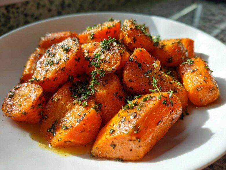 Close-up of perfectly glazed roasted carrots, seasoned with herbs and thyme sprigs.