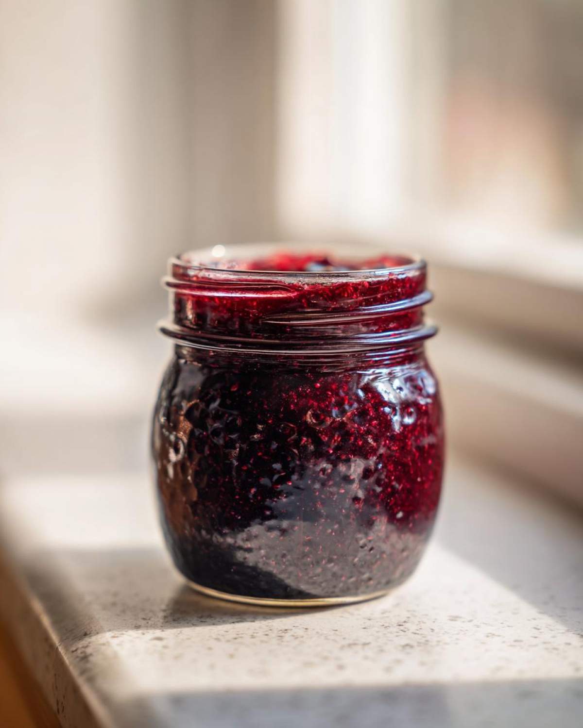 A small glass jar filled with dark, thick elderberry syrup recipe concentrate sitting on a light countertop near a window.