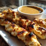Close-up of grilled chicken satay skewers served with a small bowl of creamy peanut sauce.