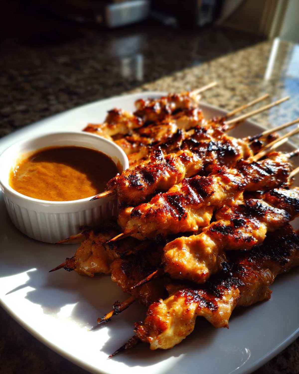 A plate piled high with grilled chicken satay skewers served next to a small white bowl of rich peanut sauce.