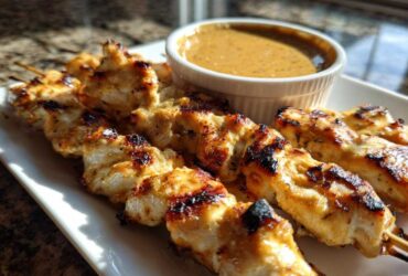 Close-up of grilled chicken satay skewers served with a small bowl of creamy peanut sauce.