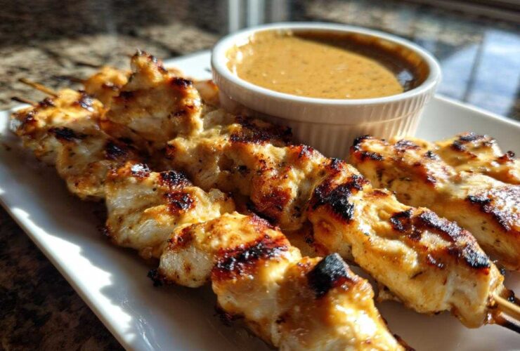 Close-up of grilled chicken satay skewers served with a small bowl of creamy peanut sauce.