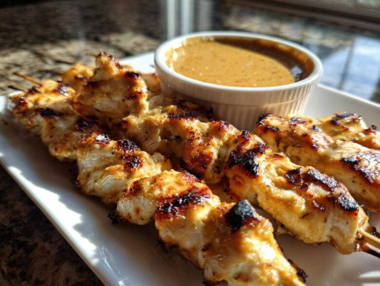 Close-up of grilled chicken satay skewers served with a small bowl of creamy peanut sauce.