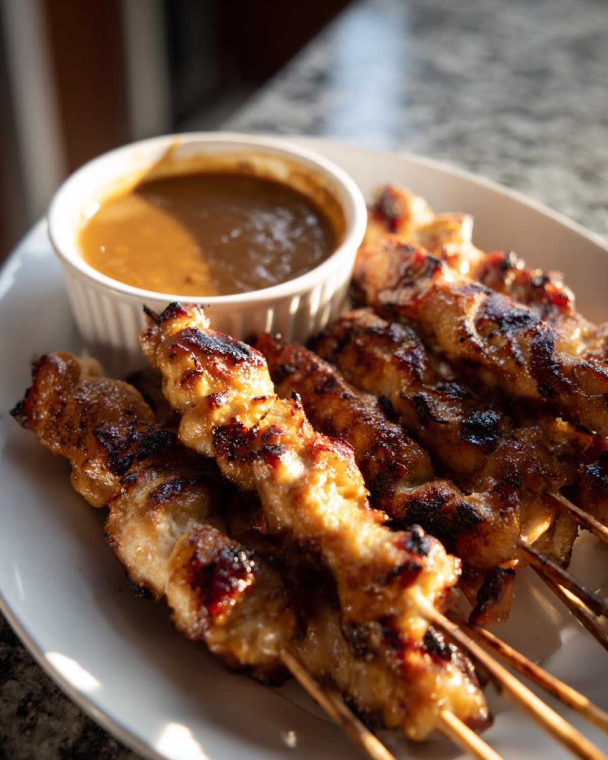 Close-up of perfectly grilled, caramelized chicken satay skewers served on a white plate next to a dipping bowl of peanut sauce.