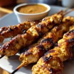 Close-up of several grilled chicken satay skewers served with a small bowl of peanut sauce.