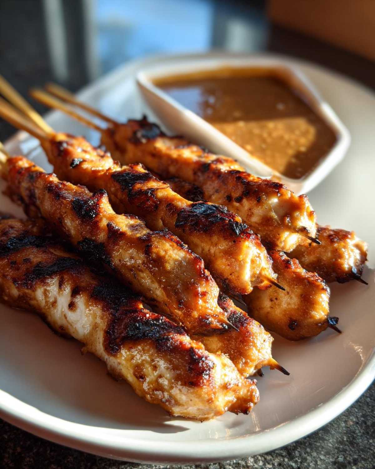 Close-up of grilled chicken satay skewers served on a white plate next to a small bowl of peanut dipping sauce.
