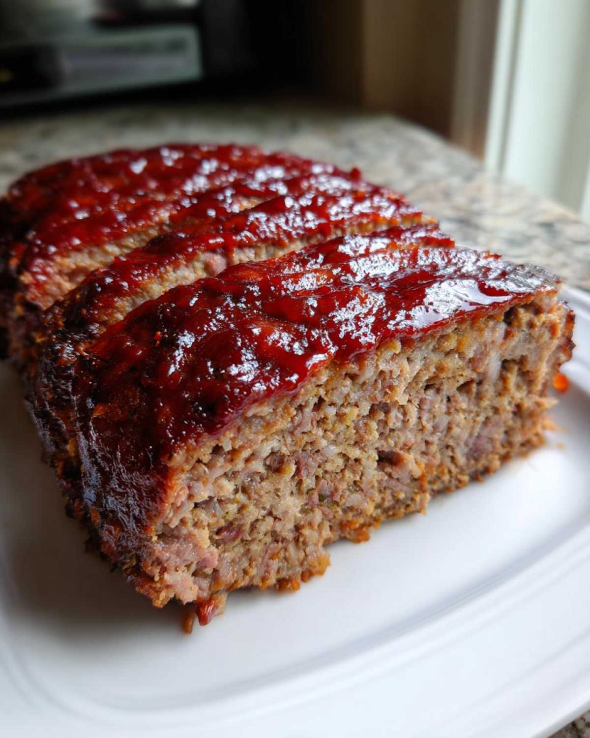Close-up of sliced meatloaf topped with a thick, glossy red glaze, showing the moist interior texture.
