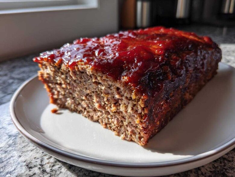 A thick slice of homemade meatloaf, topped with a shiny, thick red glaze, sitting on a white plate.