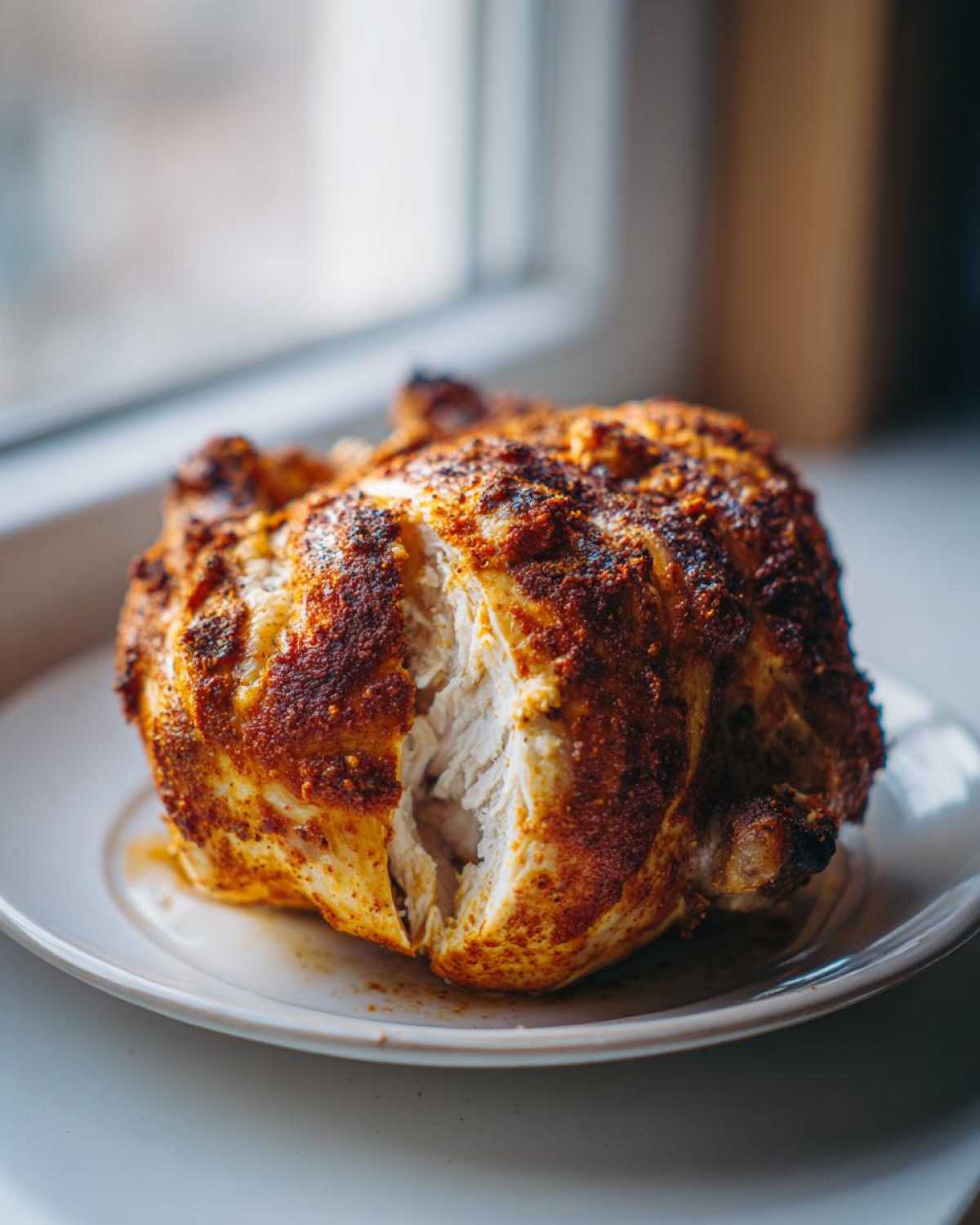 A perfectly roasted whole chicken, split open to show juicy white meat and a richly seasoned, crispy skin.