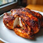 A perfectly roasted whole chicken with dark, crispy, seasoned skin, showing juicy white meat inside where a piece has been removed.