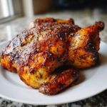 A whole, beautifully roasted spatchcock chicken with dark, crispy, herb-seasoned skin resting on a white plate.