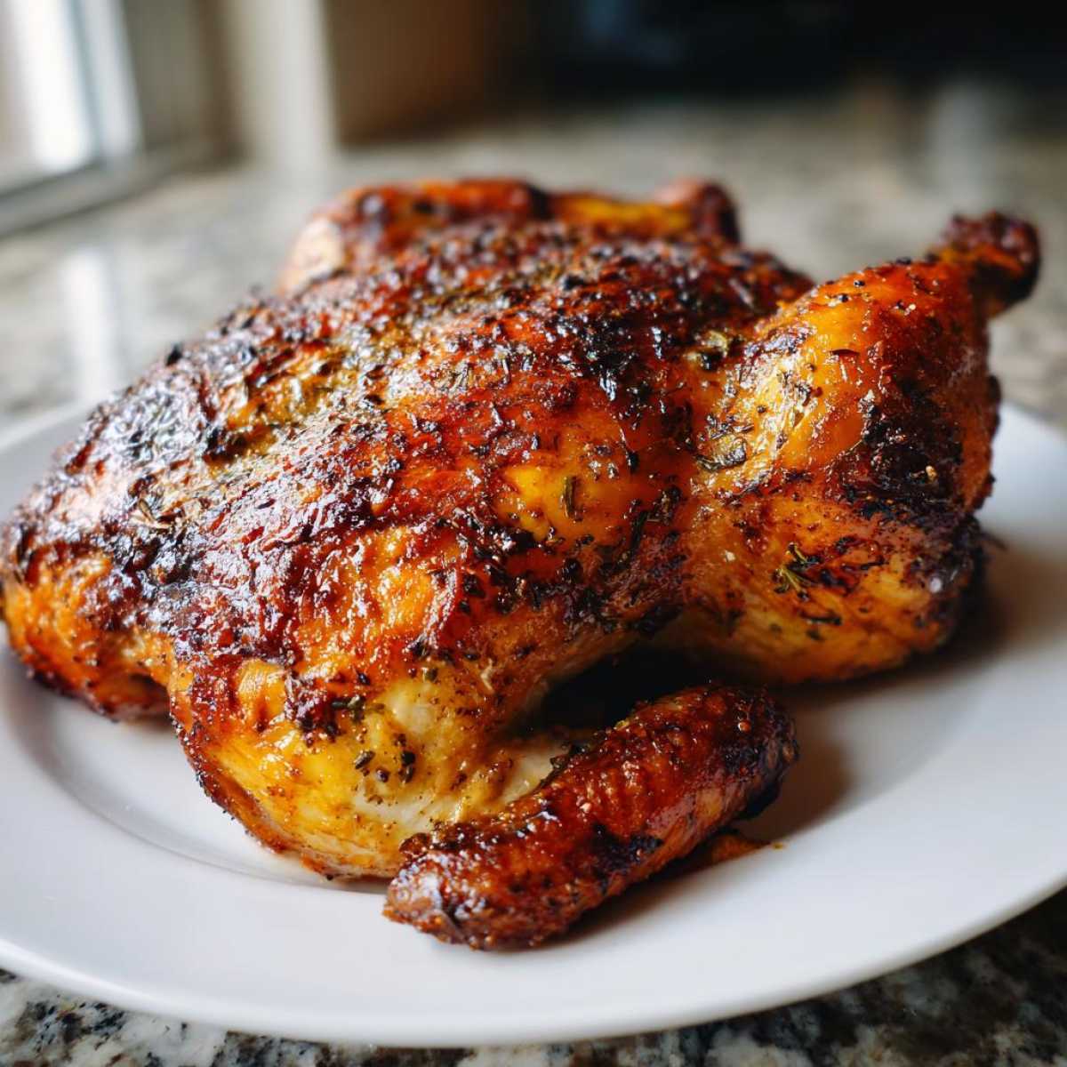 Close-up of a whole roasted spatchcock chicken with deeply browned, herb-crusted skin resting on a white plate.