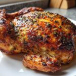 Close-up of a beautifully browned and glazed spatchcock chicken seasoned with herbs on a white plate.