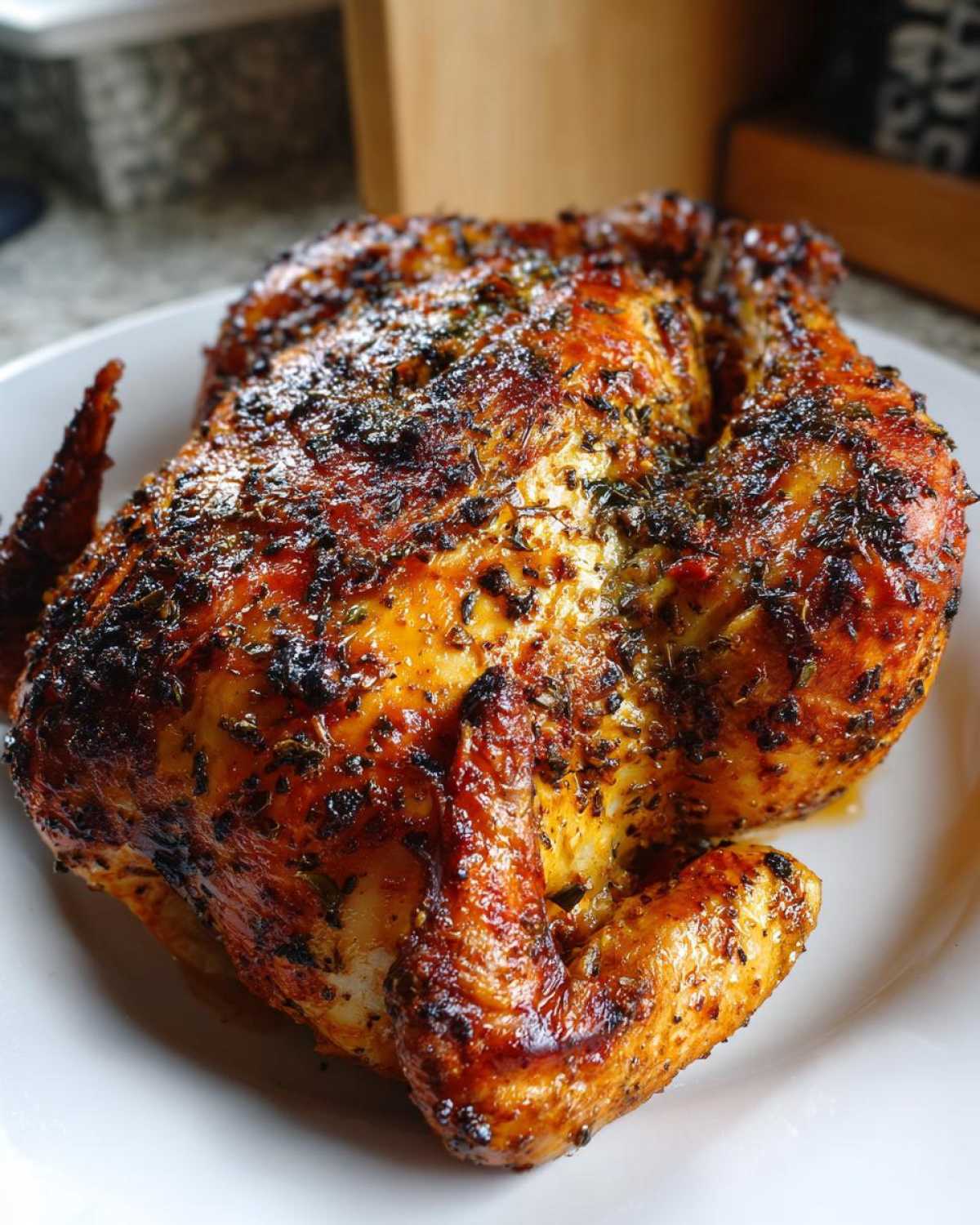 Close-up of a whole roasted spatchcock chicken with deeply browned, herb-crusted skin resting on a white plate.
