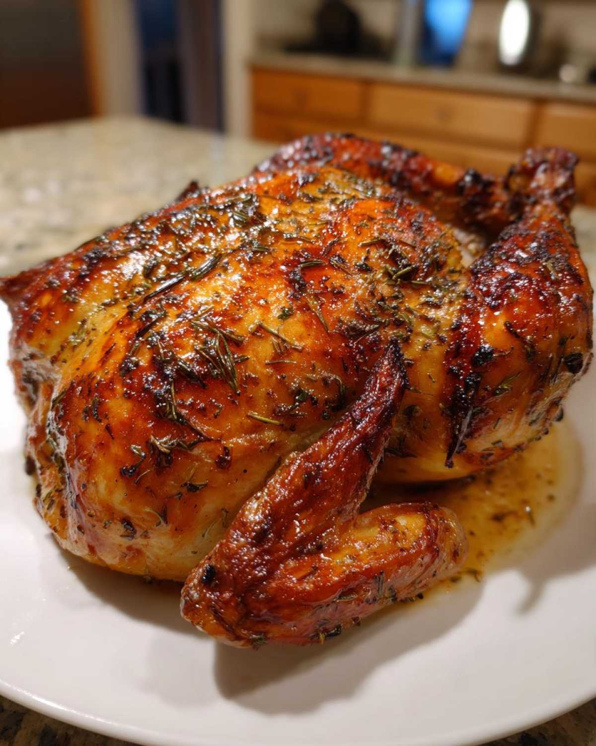 A beautifully roasted, golden-brown spatchcock chicken seasoned with herbs resting on a white plate.