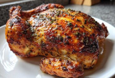 Close-up of a beautifully browned and glazed spatchcock chicken seasoned with herbs on a white plate.