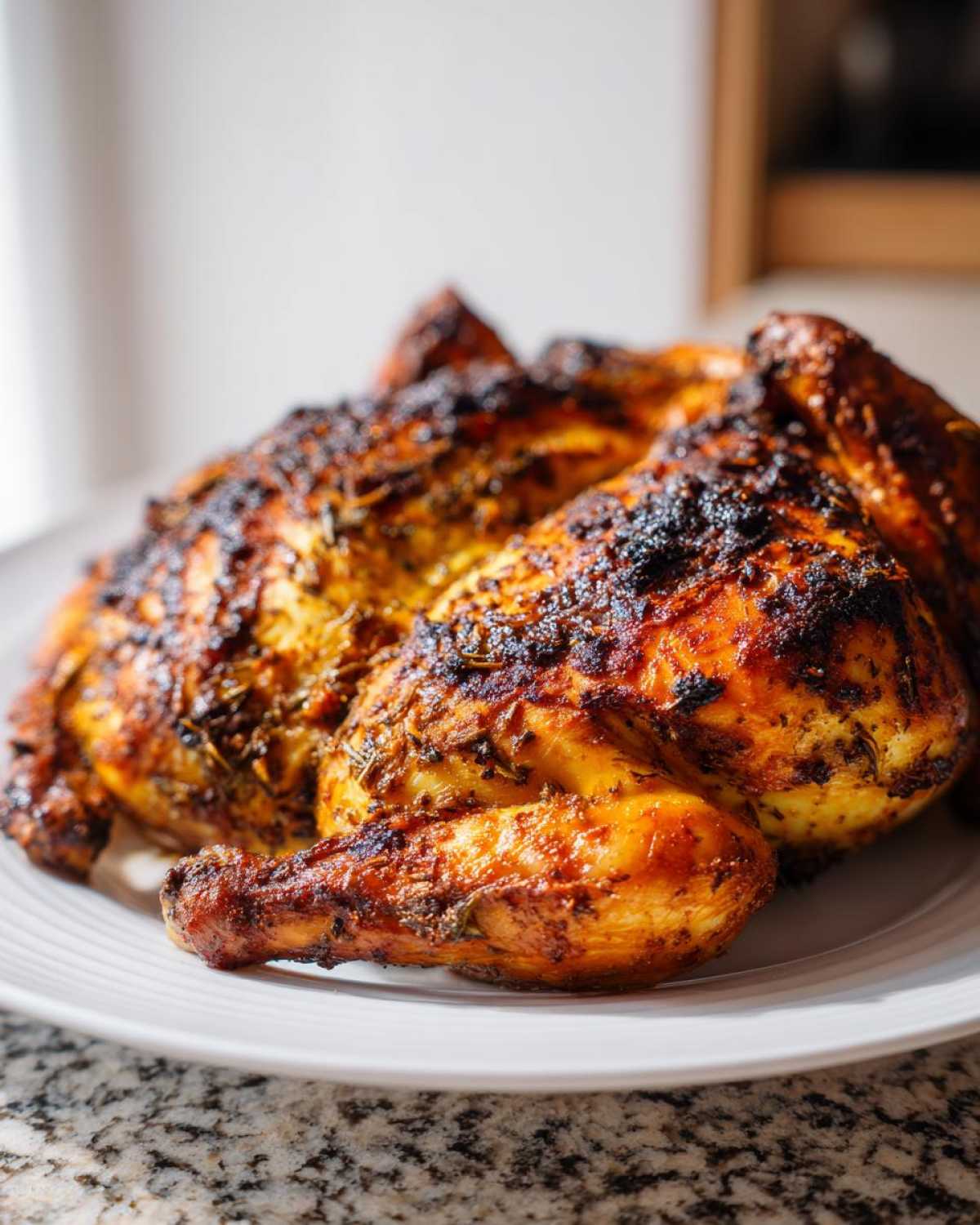Close-up of a whole, golden-brown roasted spatchcock chicken seasoned heavily with herbs.