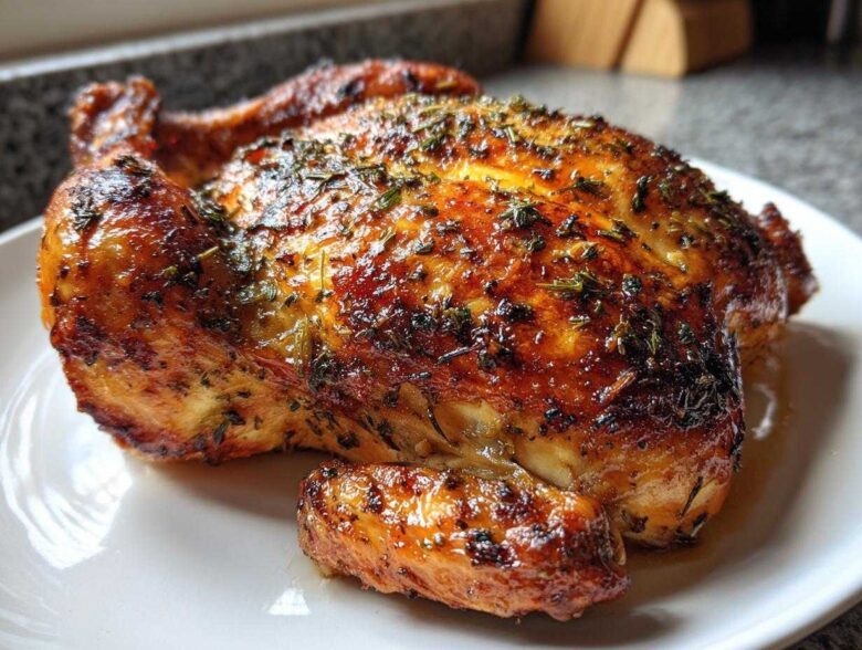 Close-up of a beautifully browned and glazed spatchcock chicken seasoned with herbs on a white plate.