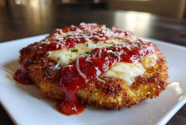Close-up of a perfectly breaded keto chicken parmesan topped with melted mozzarella and marinara sauce.