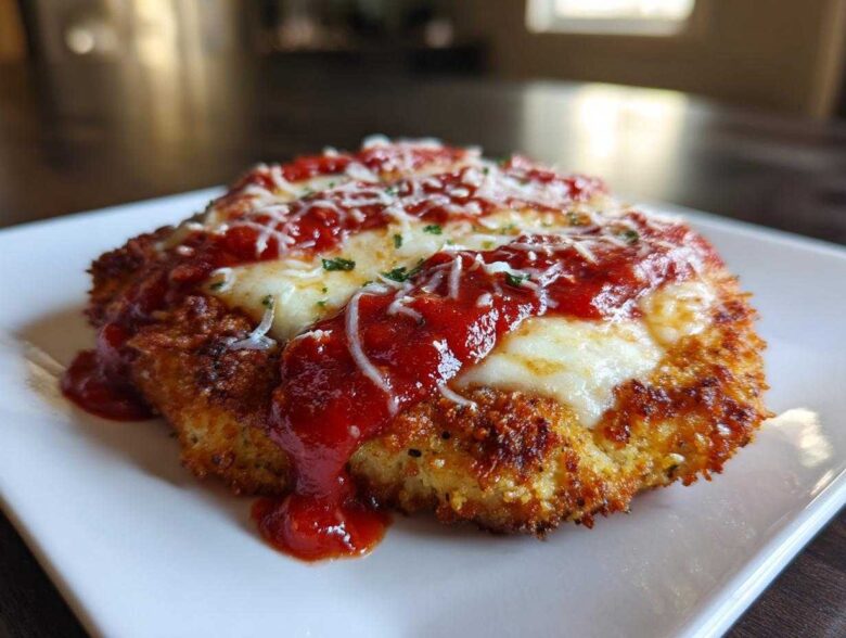 Close-up of a perfectly breaded keto chicken parmesan topped with melted mozzarella and marinara sauce.