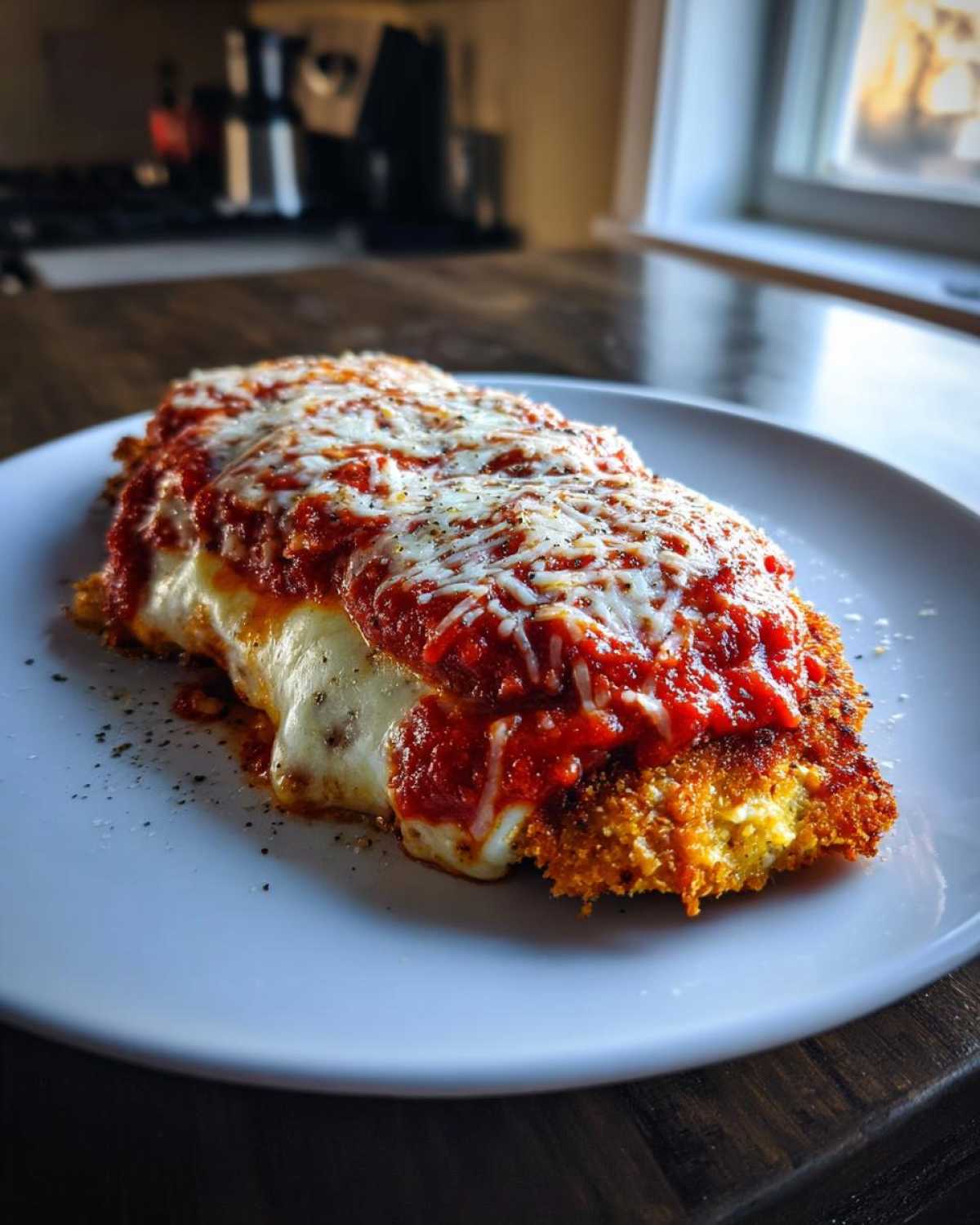 A golden-brown, breaded piece of keto chicken parmesan topped with melted mozzarella and rich marinara sauce.