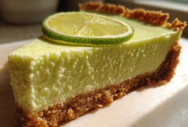 Close-up of a creamy slice of key lime cheesecake with a graham cracker crust, topped with a thin lime wheel.