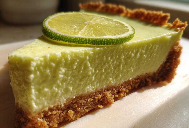 Close-up of a creamy slice of key lime cheesecake with a graham cracker crust, topped with a thin lime wheel.