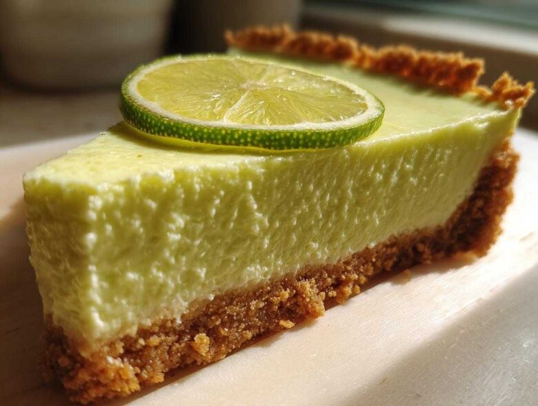Close-up of a creamy slice of key lime cheesecake with a graham cracker crust, topped with a thin lime wheel.