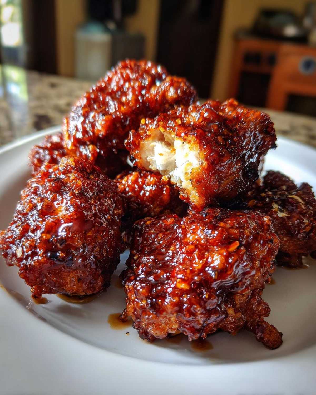 A pile of glossy, dark red Korean fried chicken pieces coated in a sticky sauce, one piece broken open showing white meat.