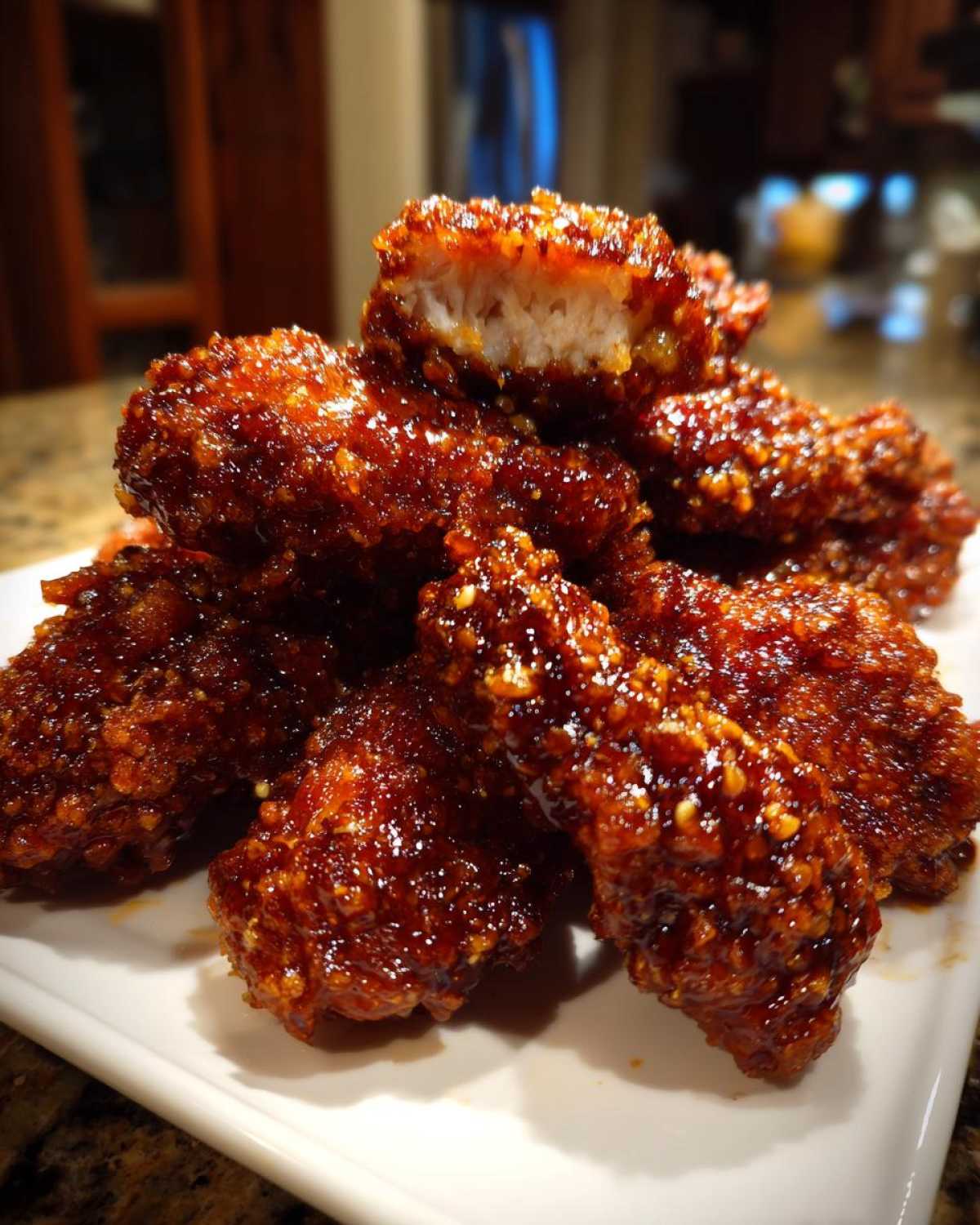 Close-up of sticky, dark red Korean fried chicken pieces piled on a white plate, showing the crispy texture and white meat inside one piece.