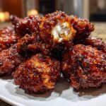 A pile of sticky, glossy Korean fried chicken pieces coated in a dark red sauce, with one piece broken open showing the white meat.