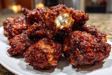 A pile of sticky, glossy Korean fried chicken pieces coated in a dark red sauce, with one piece broken open showing the white meat.