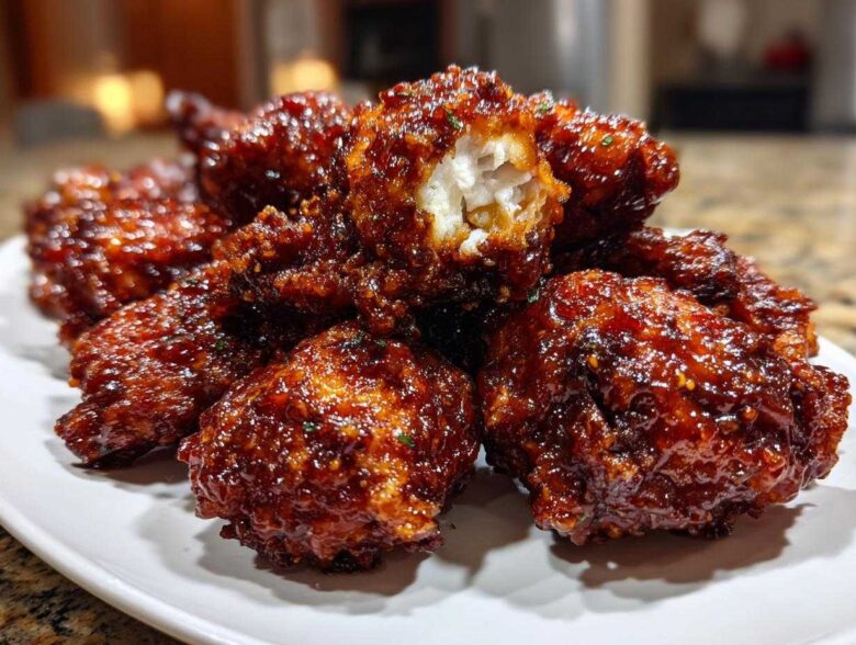 A pile of sticky, glossy Korean fried chicken pieces coated in a dark red sauce, with one piece broken open showing the white meat.