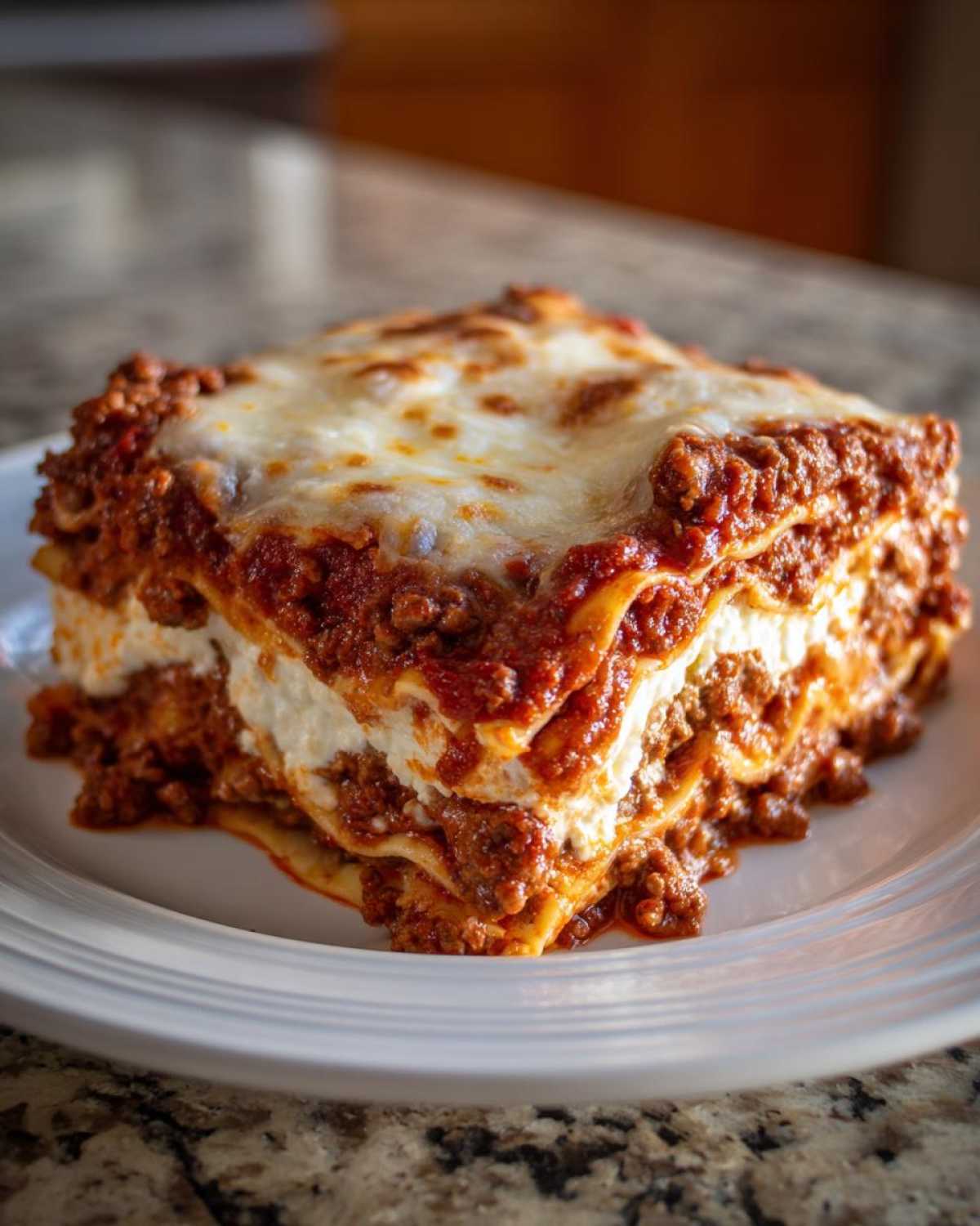 A generous slice of Lasagna with Cottage Cheese, layered with rich meat sauce and melted mozzarella topping.