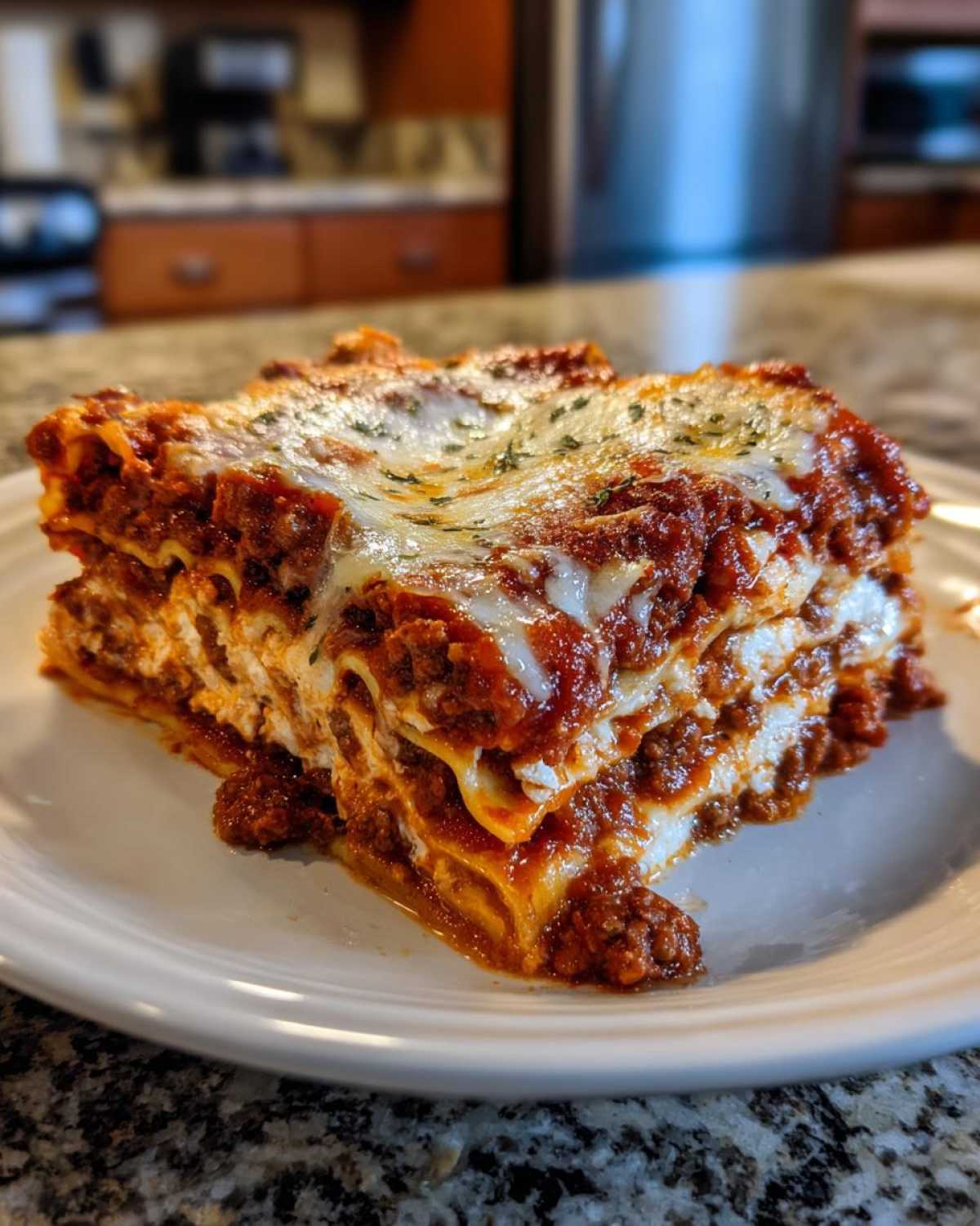A thick, layered slice of Lasagna with Cottage Cheese, topped with melted mozzarella and herbs.