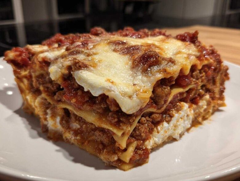 A thick, layered slice of lasagna with cottage cheese, meat sauce, and melted cheese topping.